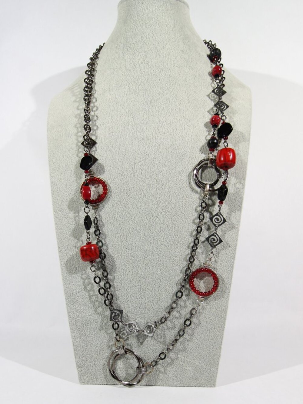 Chico's Gunmetal Tone Necklace with Red Beads